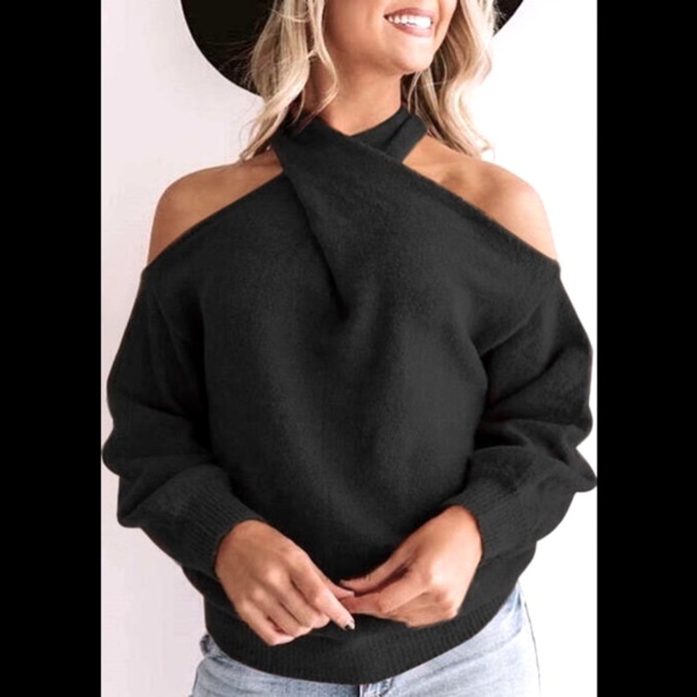 Casual Cross-over Deep V Neck  Open Shoulders Loose Black Sweater/ Sweatshirt
